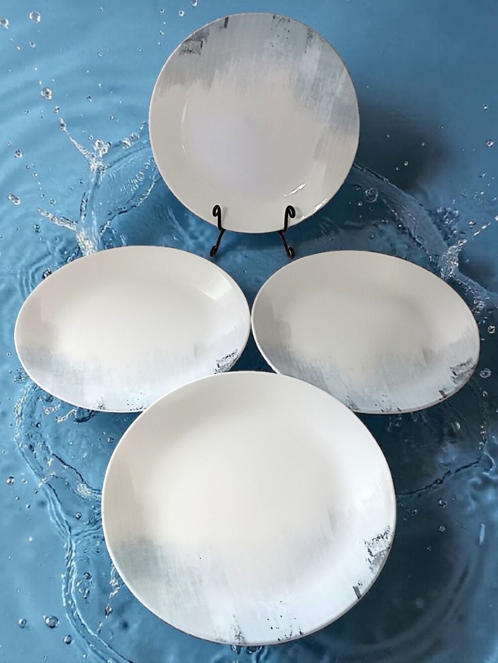 4 Corelle Tranquil Reflection Dinner‎ Plates Set Pastel Blue Gray Brush Strokes